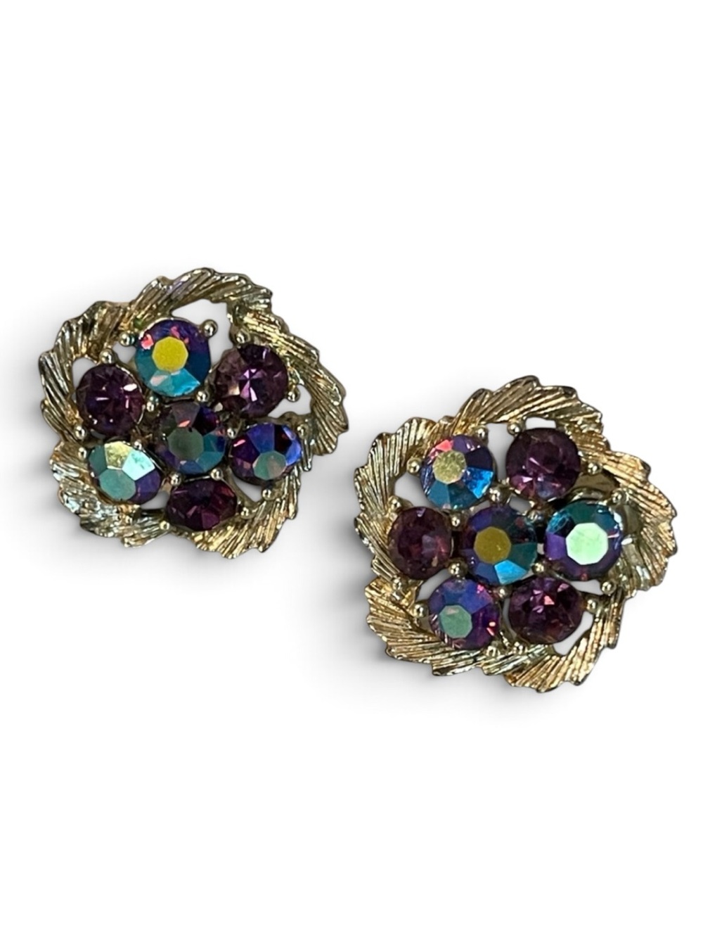 Vintage Lisner Purple & Blue Aurora Borealis Rhinestone Clip On Earrings
